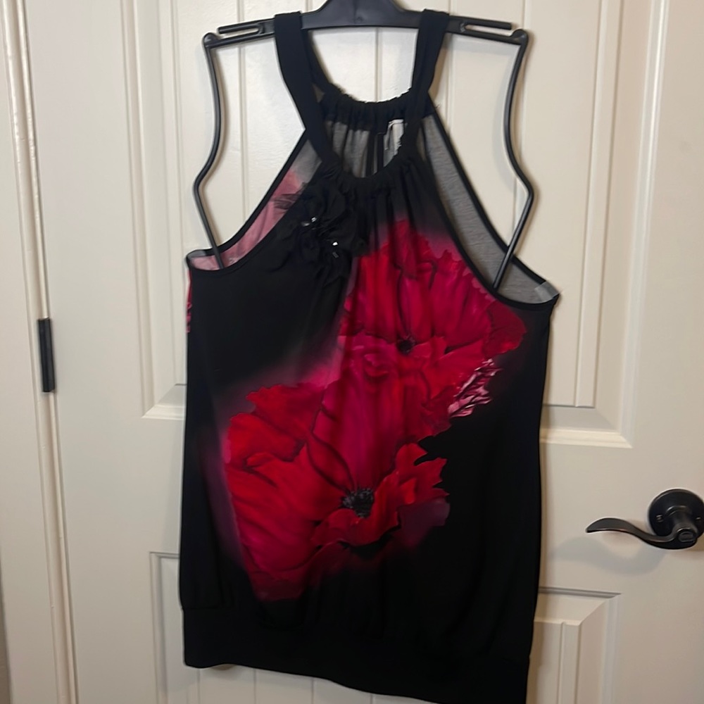 Beautiful black dressy tank top with red poppies